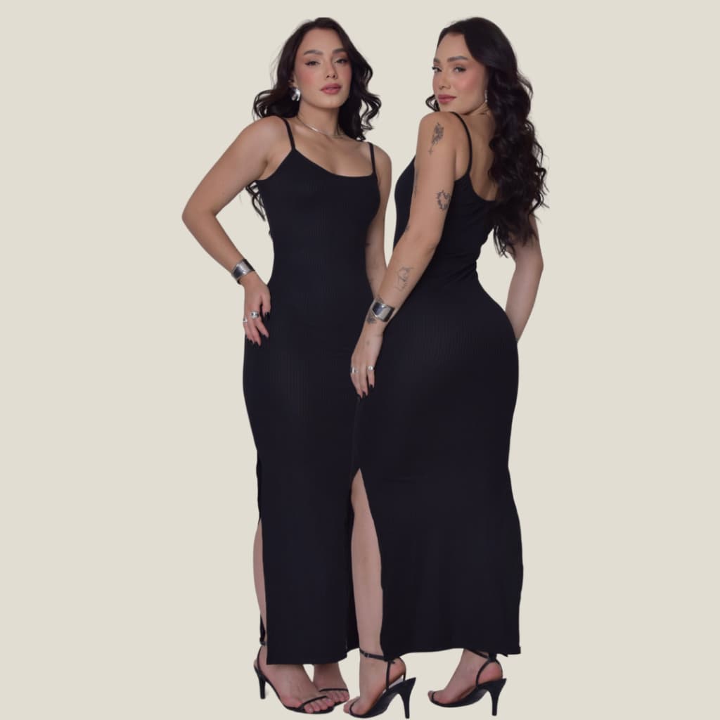 KIT 2 Vestido Canelado Longo com Fenda Lateral de Alcinha Varias Cores