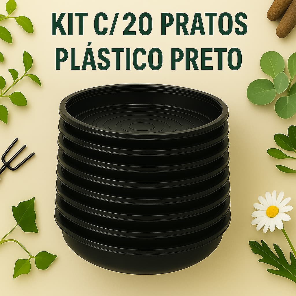 Kit 20 Pratos Plastico Preto - Para Vasos de Plantas Pequenos, Médios e Grandes