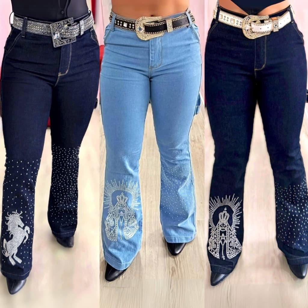 Calça Country Carpinteira Jeans Feminina de Luxo Cintura Alta com Brilhos Pedrarias Rodeio Cavalgada
