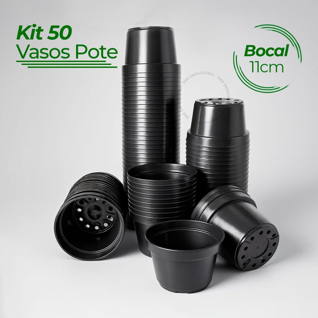 50 Vasos Plástico Pote 11 Liso Preto Plantas Flores Temperos