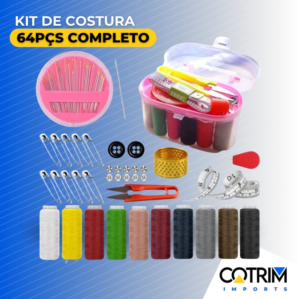 Kit Completo Costura 64pçs Viagem Maleta Agulha Linha Fita Metrica