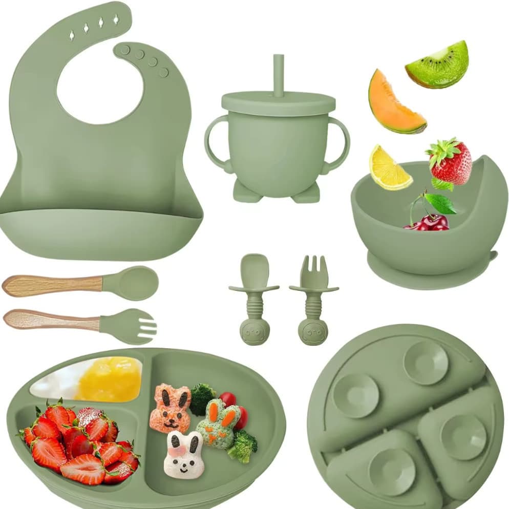 kit 8 Peças Talheres alimentação bebê silicone Talheres Infantil Com Ventosa Canudo Colher Babador