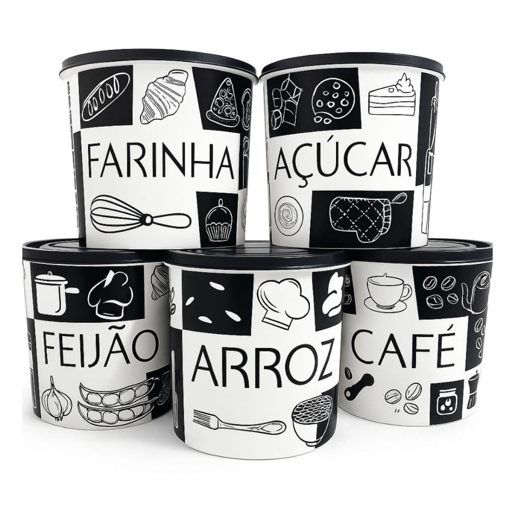 Kit Potes 5 Peças de Arroz/feijão/farinha/açúcar/café 2 litros