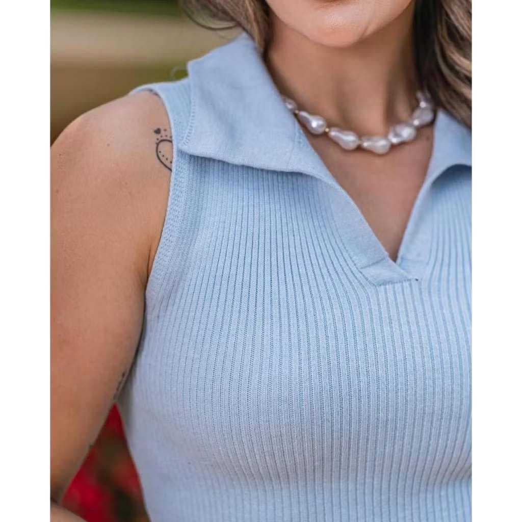 Camisa Polo Blusa Básica Feminina Sem Manga De Tricot Moda Blogueira