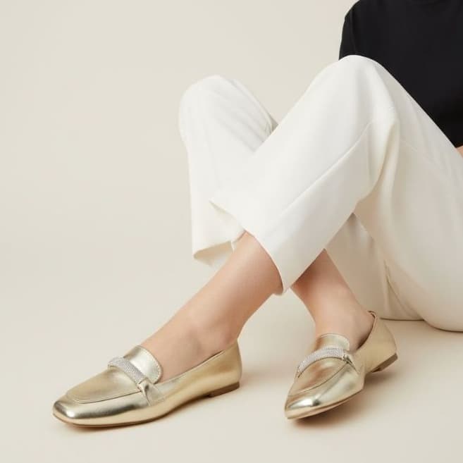 Sapatilha Feminina Confortável Luxo Mocassim Sapato Feminino Bico Quadrado Ouro Strass