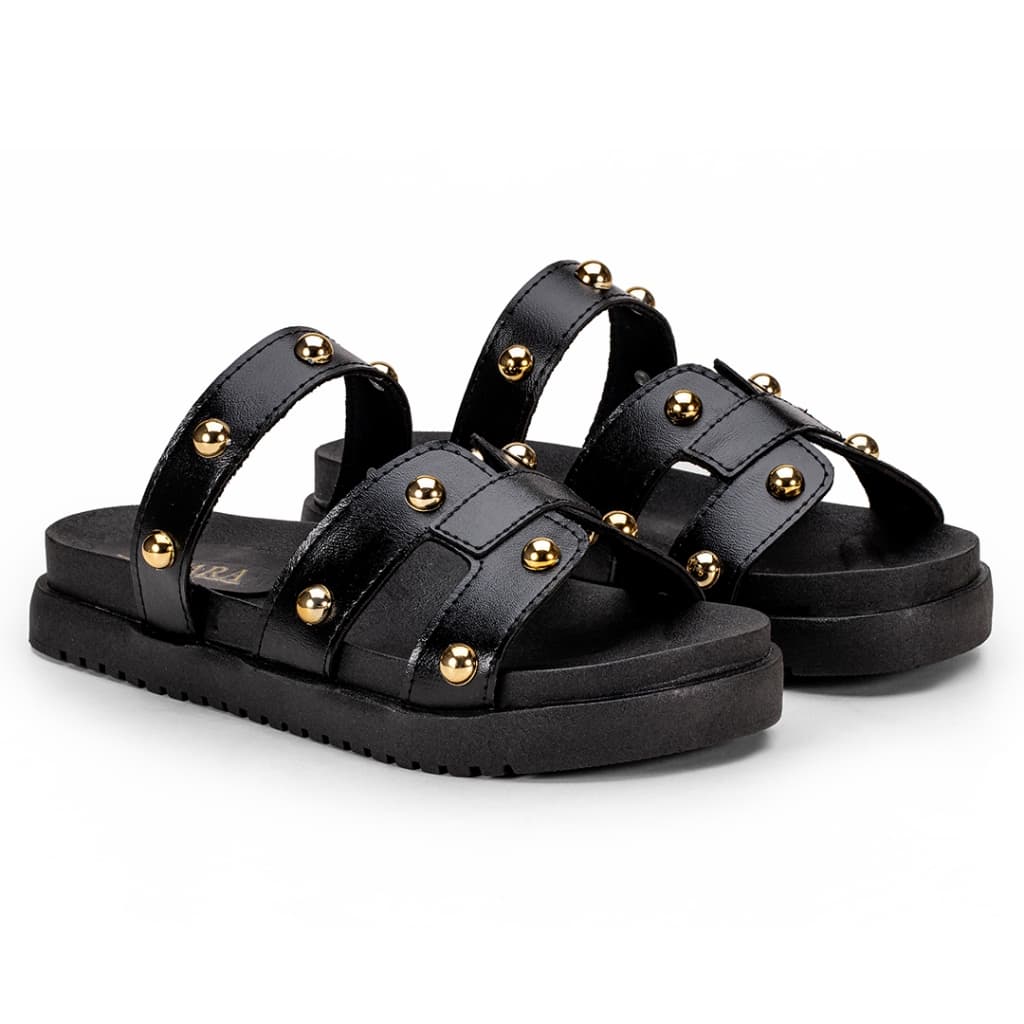 Sandalia Papete Enfiar Feminina Birken Flat Botao Dourado Cleo Bolinha