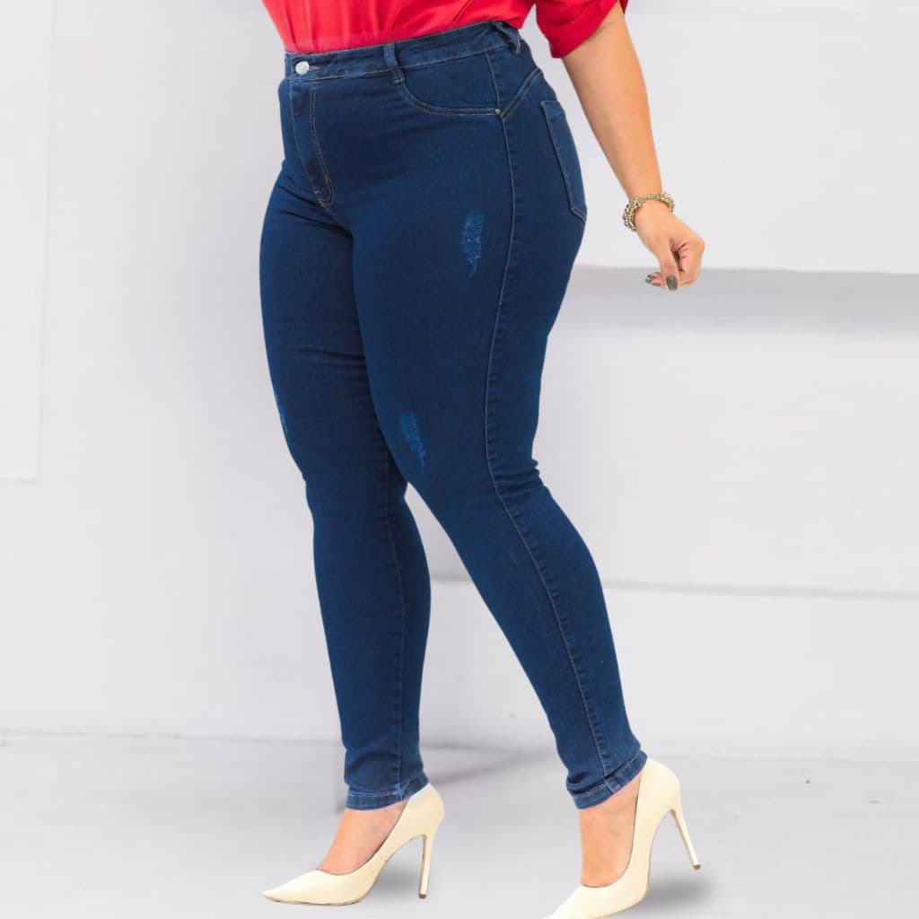 Calça Jeans Feminina Skinny Plus Size  Cós Alto com Detalhe Lateral Tecido Encorpado com Lycra