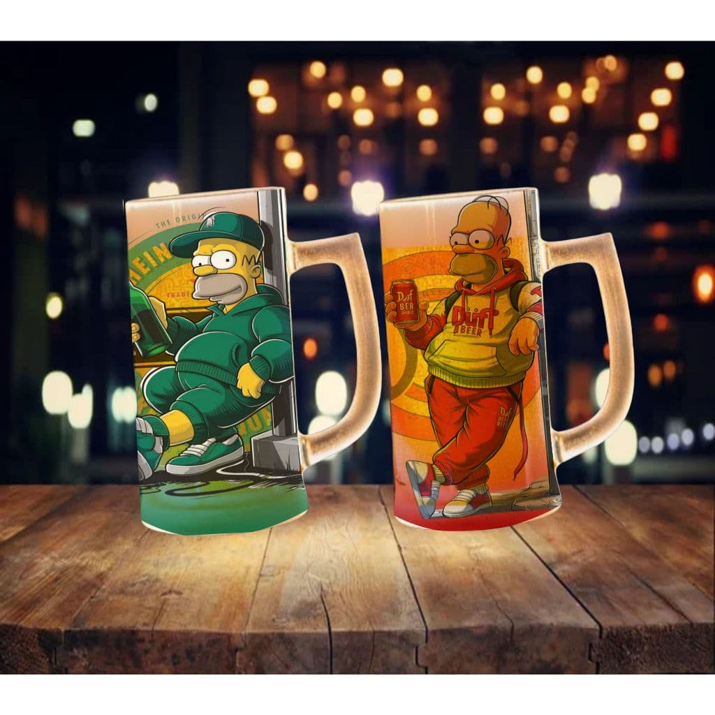Caneca de Chopp Personalizada 475ml Vidro Jateado Fosco Homer Marge Simpsons