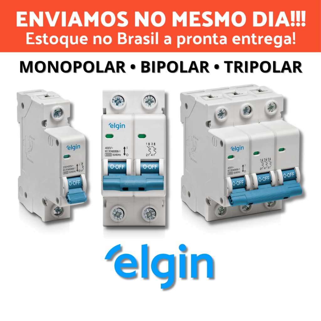 Disjuntor Elgin DIN Curva C 6A a 63A Monopolar Bipolar Tripolar Quadro Luz Chuveiro Ar Condicionado