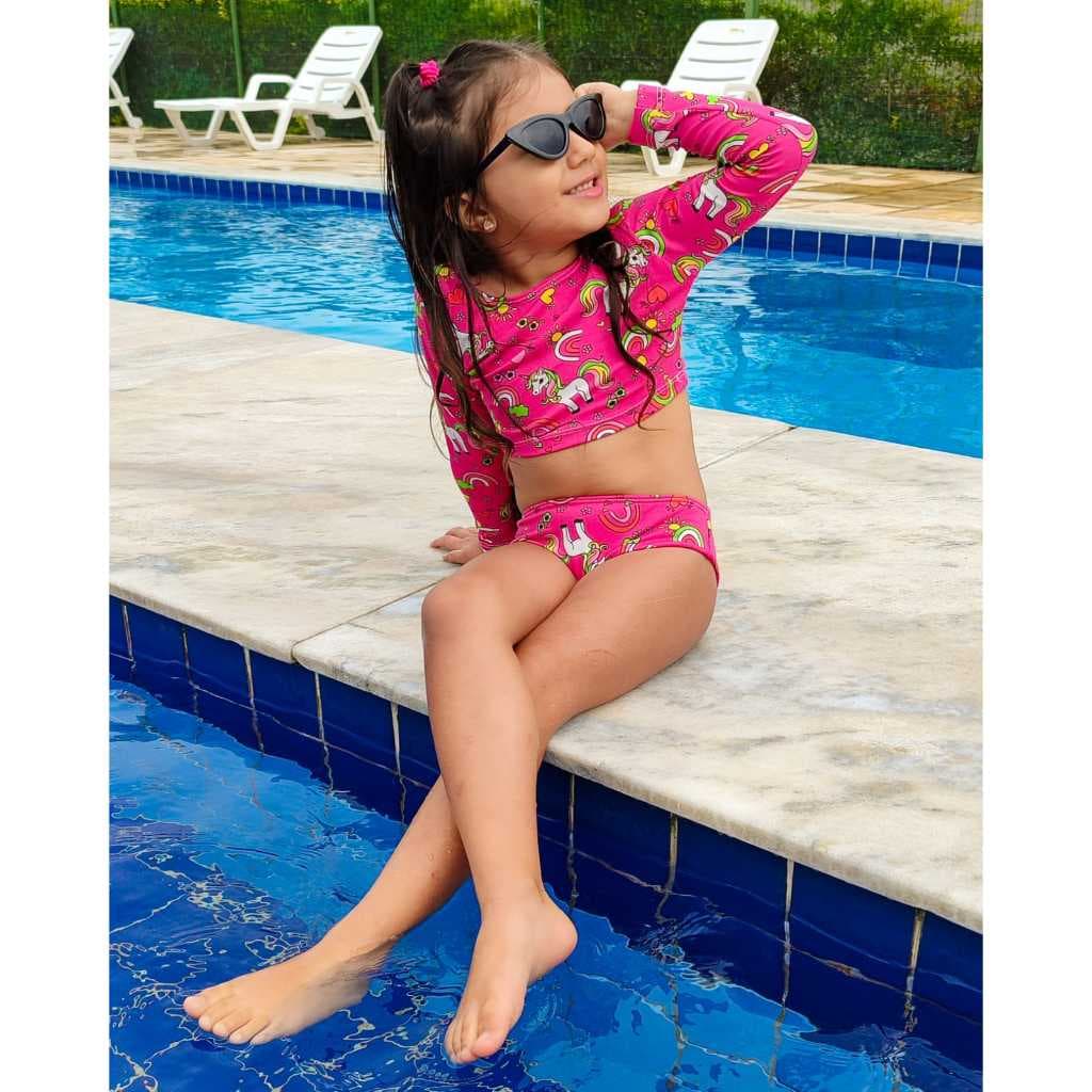 Biquini Infantil Cropped Manga Longa Praia/Piscina, Biquine manga banho Estampada Proteção Uv 50+