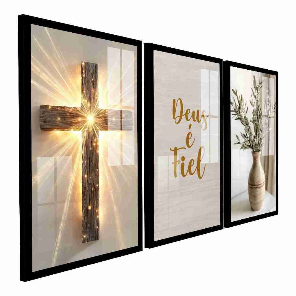 Quadro Decorativo Deus É Fiel Cruz Boho Decoração Religiosa Sala Quarto