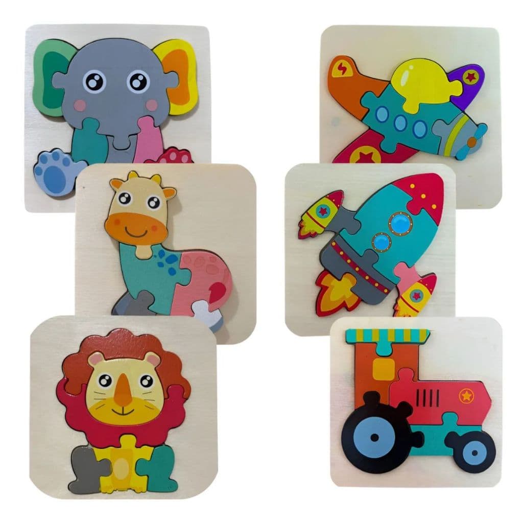 BAMBULUÁ Kit 03/06 Quebra Cabeça Tabuleiro Encaixe Madeira Animais Transporte Brinquedo Didático