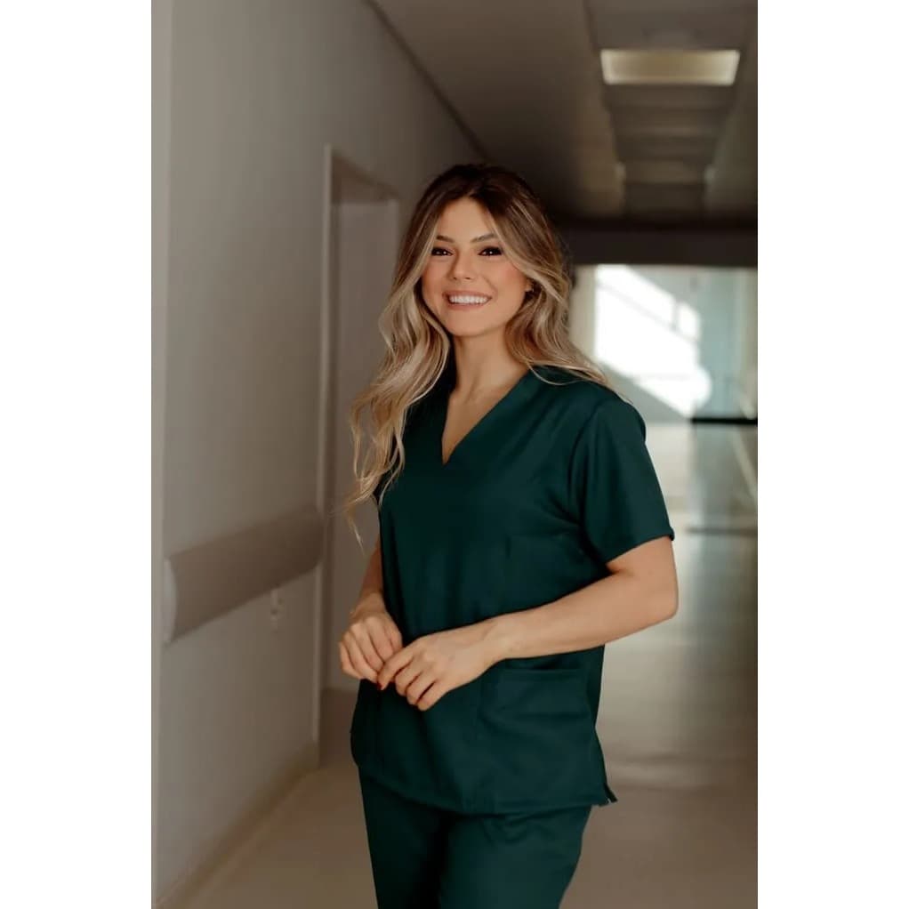 Pijama Cirúrgico Scrub Feminino Clássico Verde Escuro Jalecos Conforto