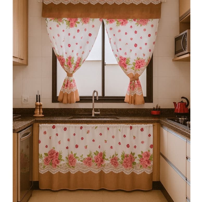 Kit de Cozinha com Cortina de Pia e Janela 2 Tamanhos Disponíveis em Tecido Oxford 100% Poliéster