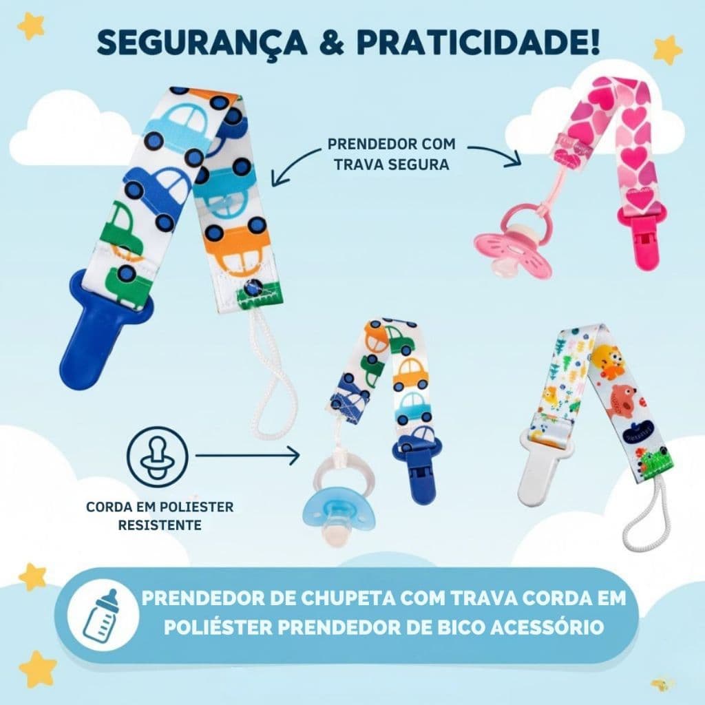 Prendedor de Chupeta Com Trava Corda em Poliéster Prendedor de Bico Acessório