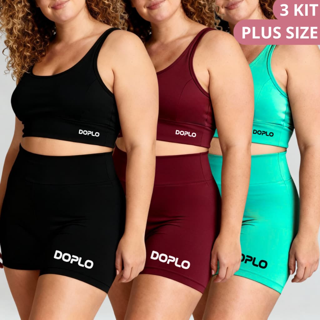 Kit 3 Conjunto Plus Size Academia Feminino Top e Short Legging Cintura Alta