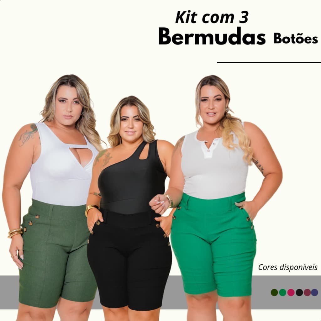 Kit Com 3 Bermudas Plus Size Em Botões Cintura Alta Tecido Modelador Confortável Evangélicas Verão