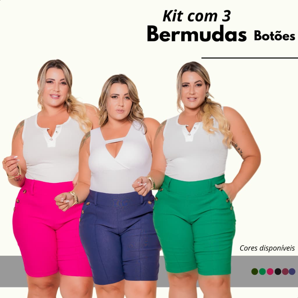 Kit 3 Bermudas Femininas Plus Size Botões Nas Laterais Modelo Grande Estica / Veste 44 até 52