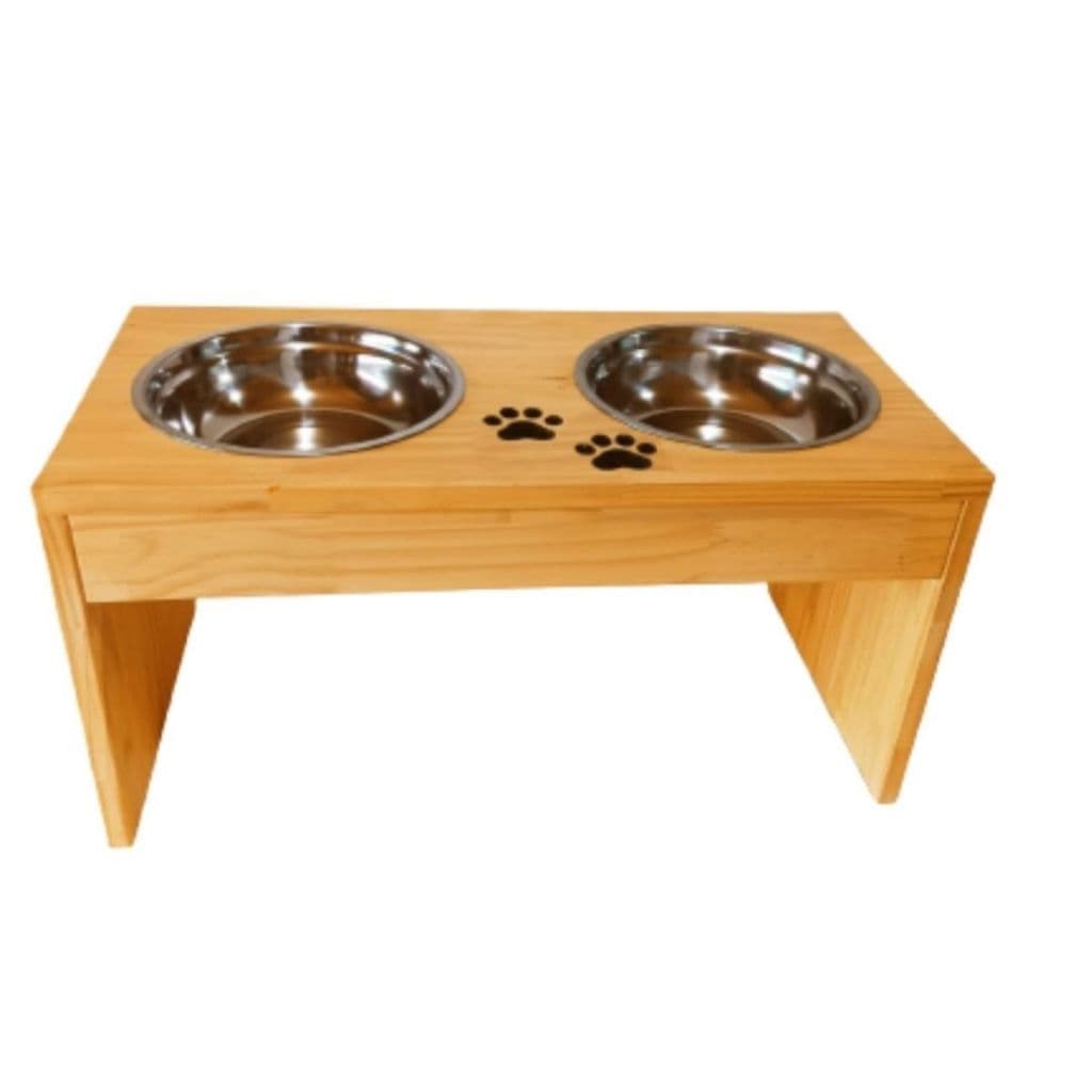 Comedouro Elevado para Cães e Gatos Grande – Madeira Natural com Tigelas Inox | Saúde e Conforto