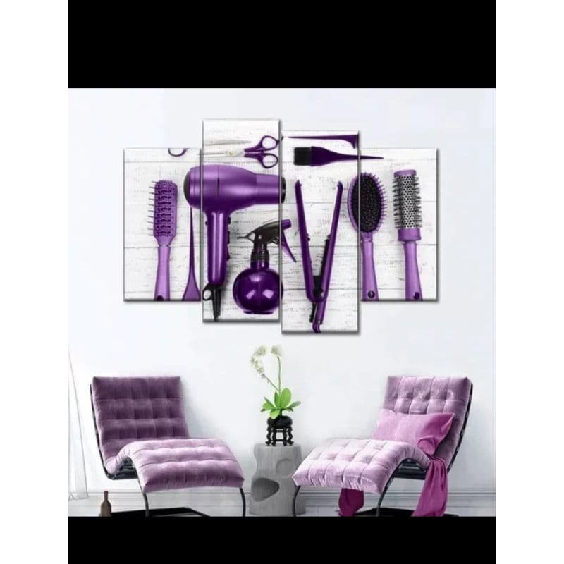 Kit Quadro Decorativo 5 Peças Mosaico Salão de beleza Roxo,Rosa,E preto..