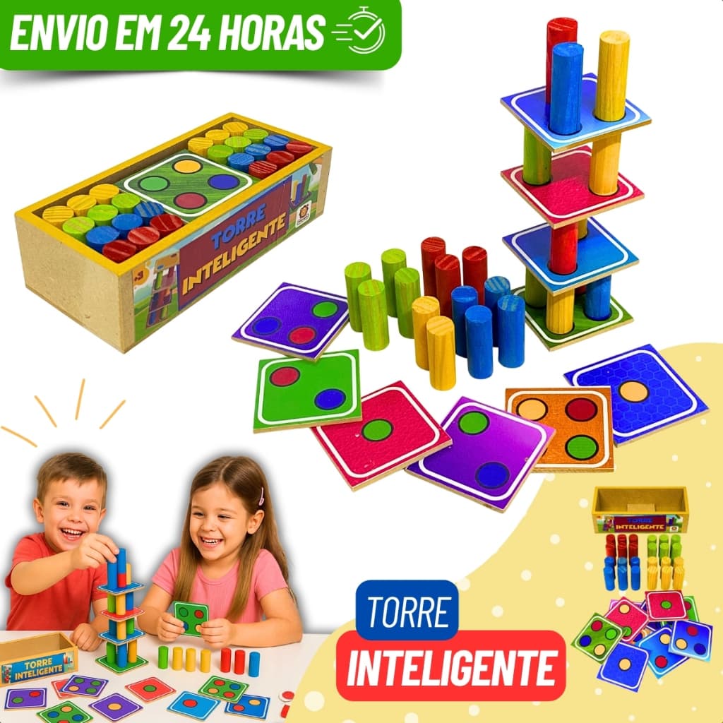 Jogo Torre Inteligente MDF Madeira para Coordenação e Lógica Infantil Empilhar