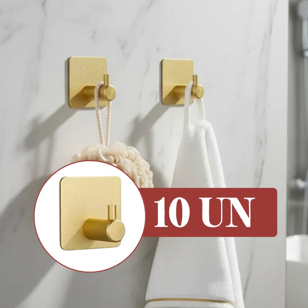 Gancho De Parede Adesivo Dourado Kit 10un  Inox Porta Toalhas Para Banheiro