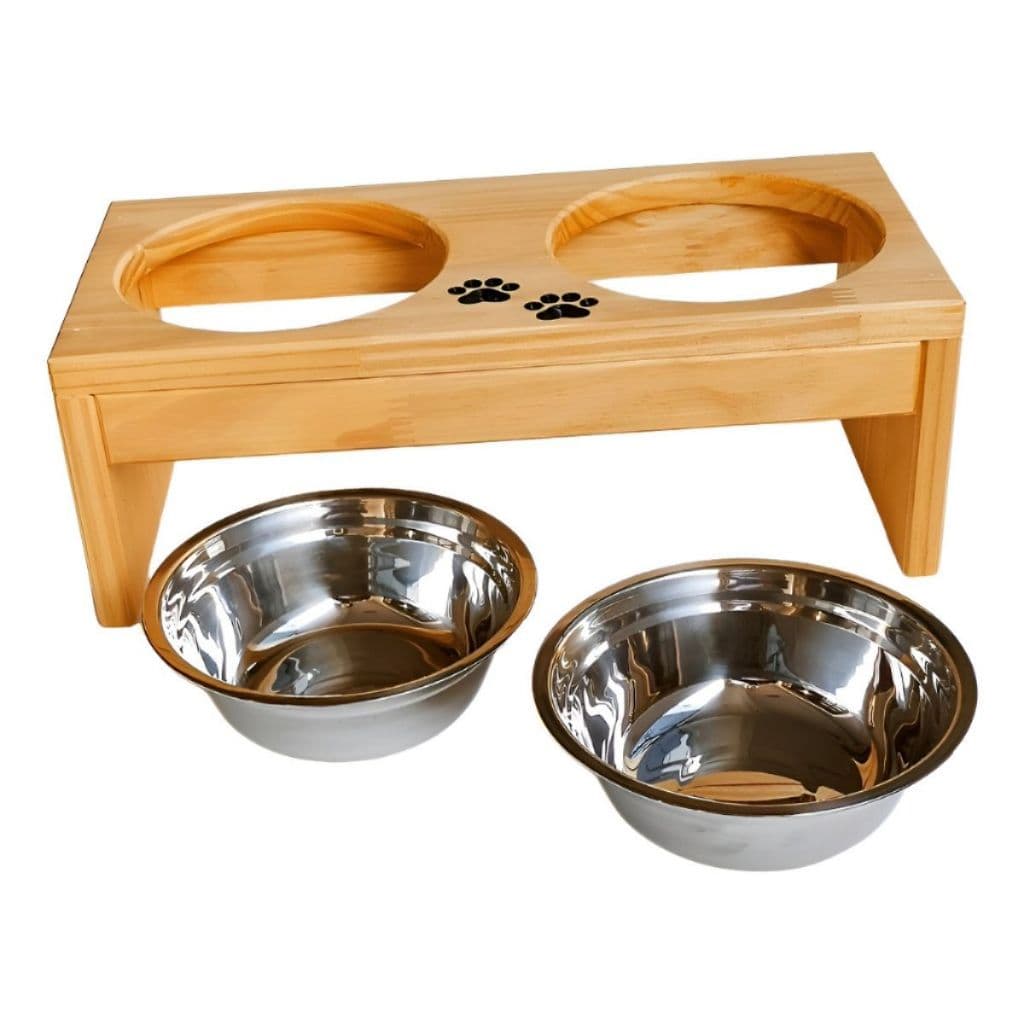 Comedouro Elevado Pet Médio Duplo Bandeja Cachorros Gatos Cão Madeira Pinus