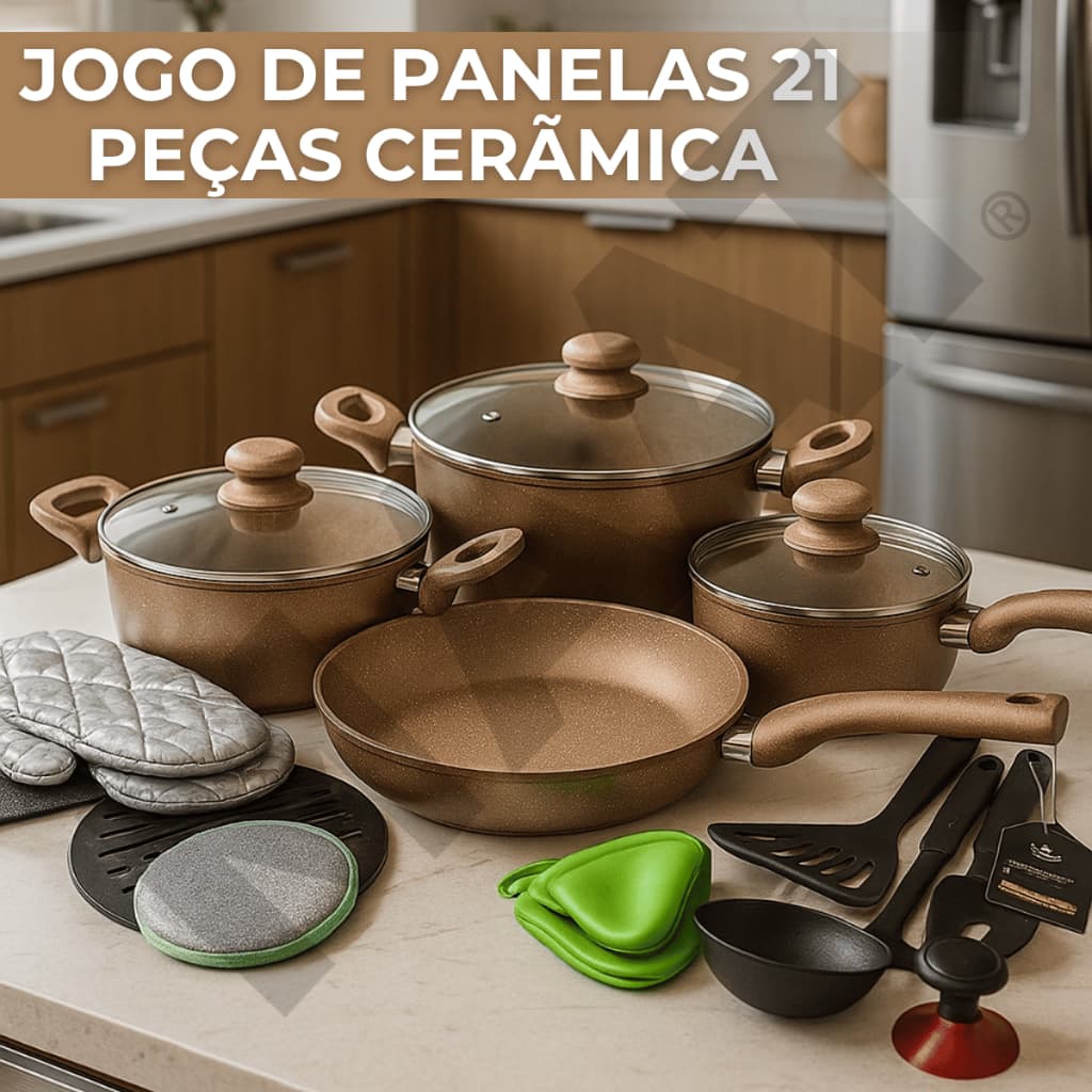 Kit Jogo da Panelas Antiaderente 21 peças de Cerâmica Siles Tone Luxuosa Com Acessórios Opção Cor