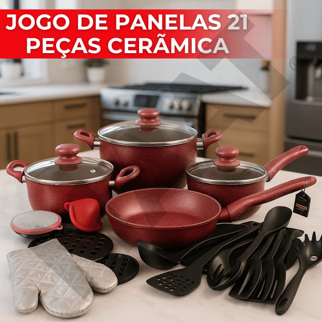 Jogo da Panelas Antiaderente 21 peças de Cerâmica Silestone Luxuosa Com Acessórios