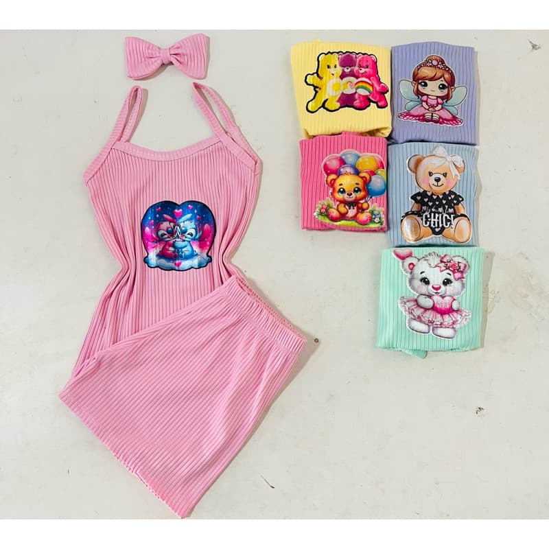 03 conjunto alcinha com laço de cabelo (3 a 6 anos)