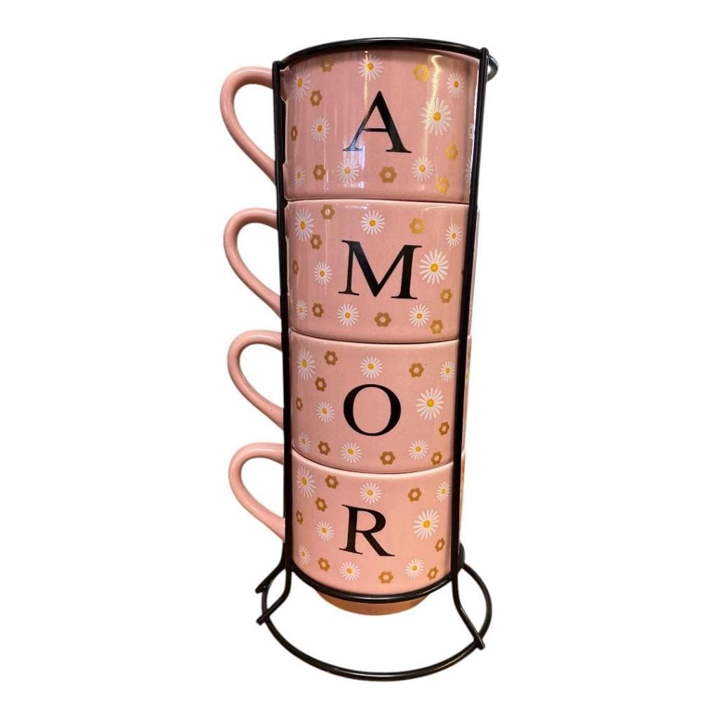 Jogo Kit  4 Xicaras Empilhadas Rosa Amor Com Suporte Frases
