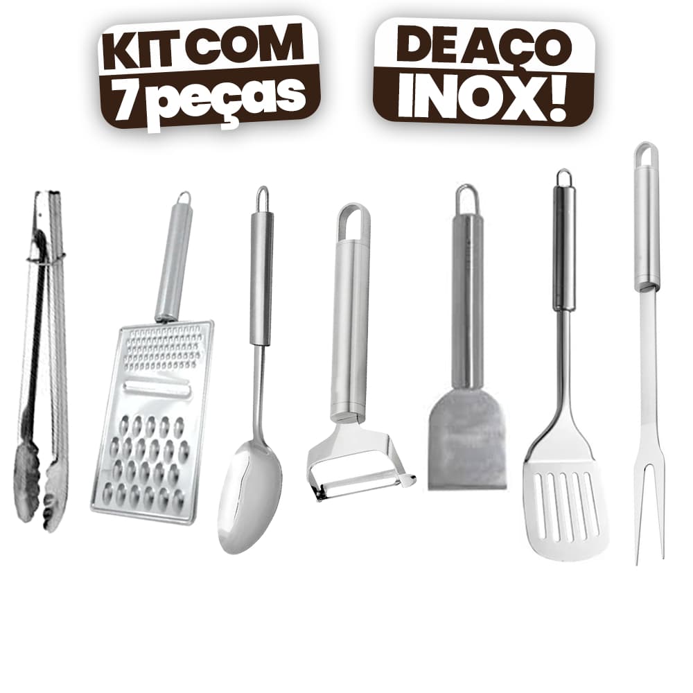 Kit 7 Peças Utensílios Cozinha Aço Inox Premium Batedor Colher Espátula Ralador Descascador Garfo
