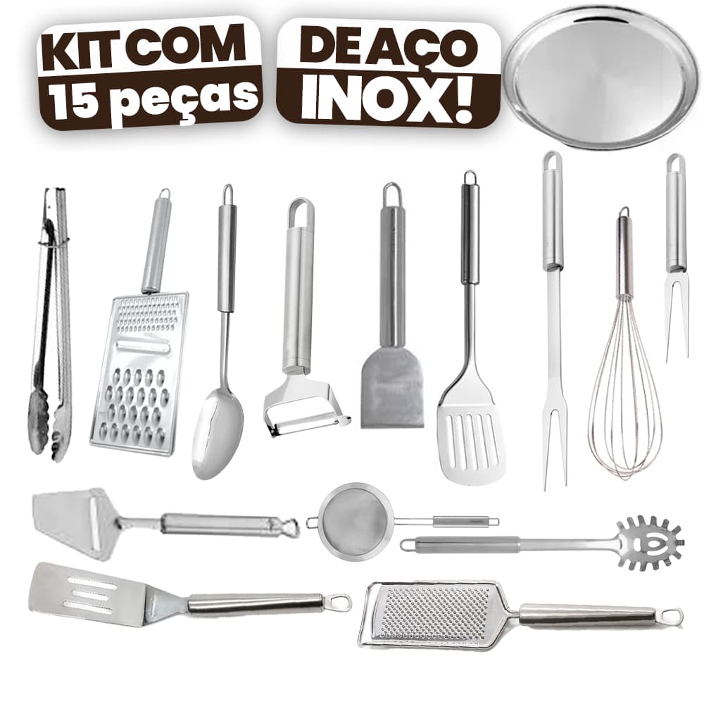 Kit 15 Peças Utensílios para Cozinha em Aço Inox Premium Jogo Completo Concha Espátula Colher Coador