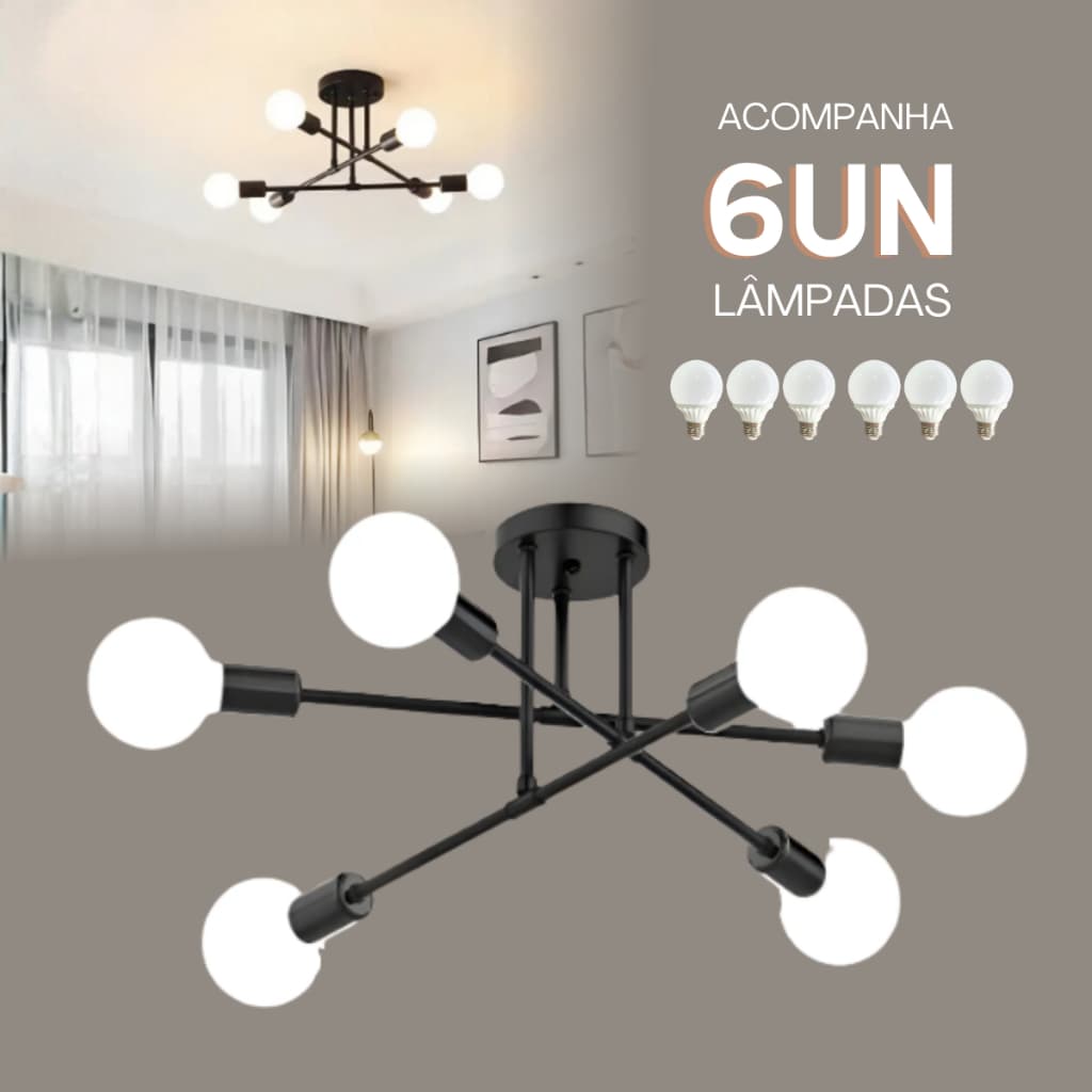 Lustre Moderno Pendente 6 Lâmpadas Luminária De Teto Sala De Jantar Preto