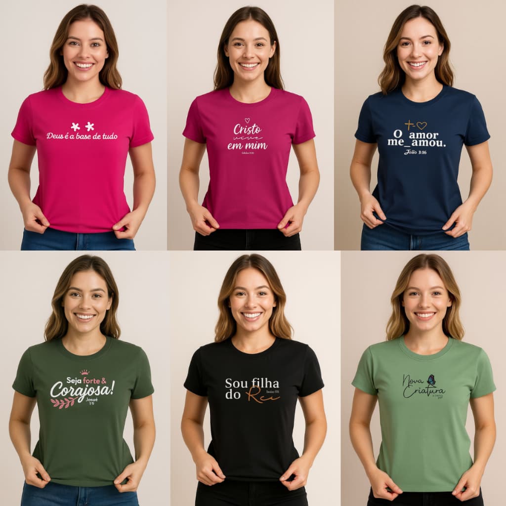 KIT BLUSINHA BASICA 5 ou 10 PEÇAS ESTAMPADAS ALGODÃO PREMIUM CAMISETA BASICA EVAGELICA DE FÉ ATACADO