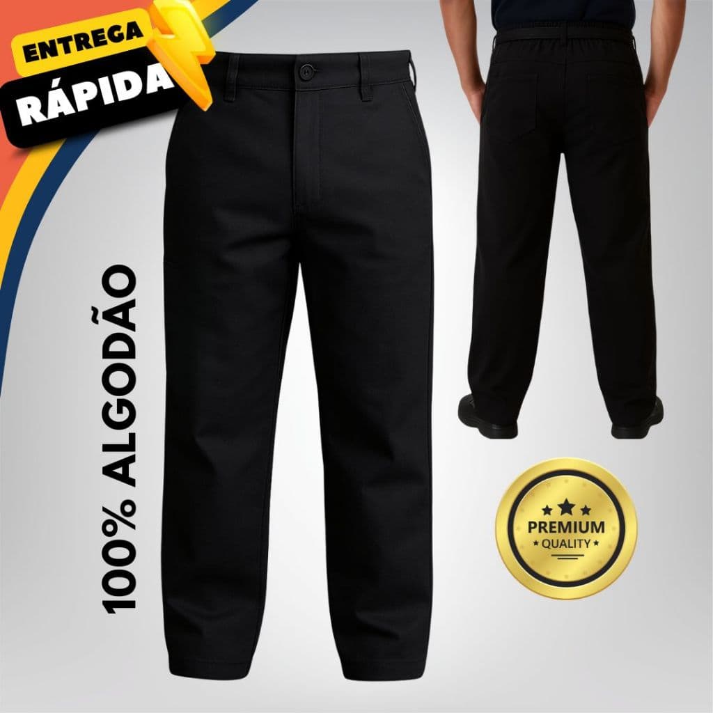 Calça Brim Preta Meio Cós Santista 100% Algodão UV50+ Para Trabalho e Dia a Dia Unissex