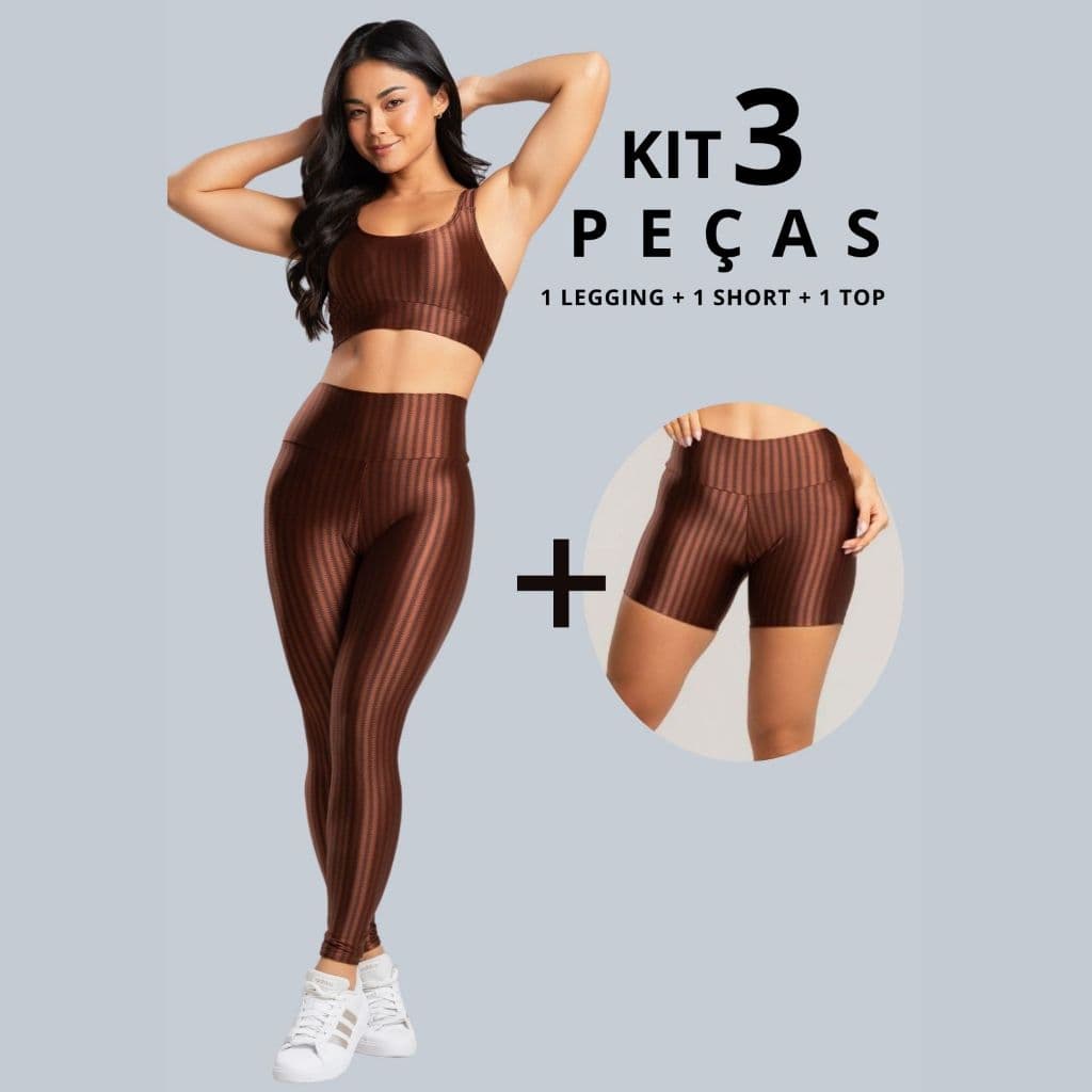 Kit 3 Peças Conjunto Fitness Feminino e Short – Conjunto Academia com Legging, Short e Top em New Zig Brilhoso