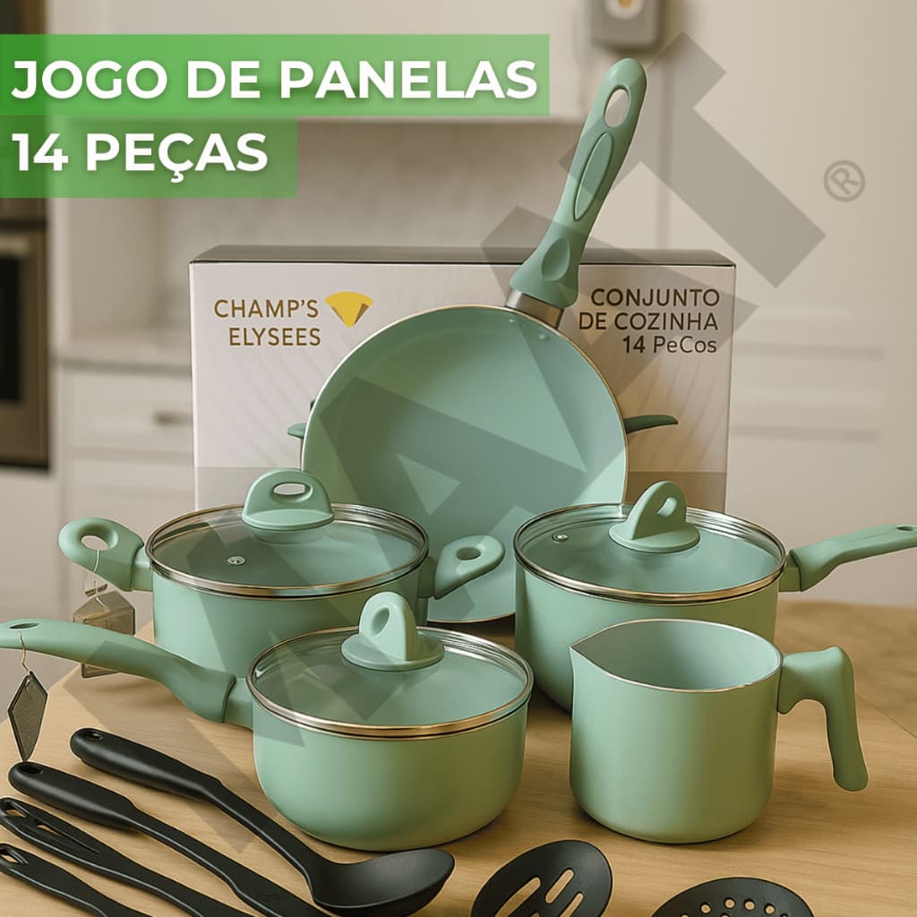 Jogo de Panelas Antiaderente Champ’s Elysées 14 Peças Premium com Tampas e Utensílios