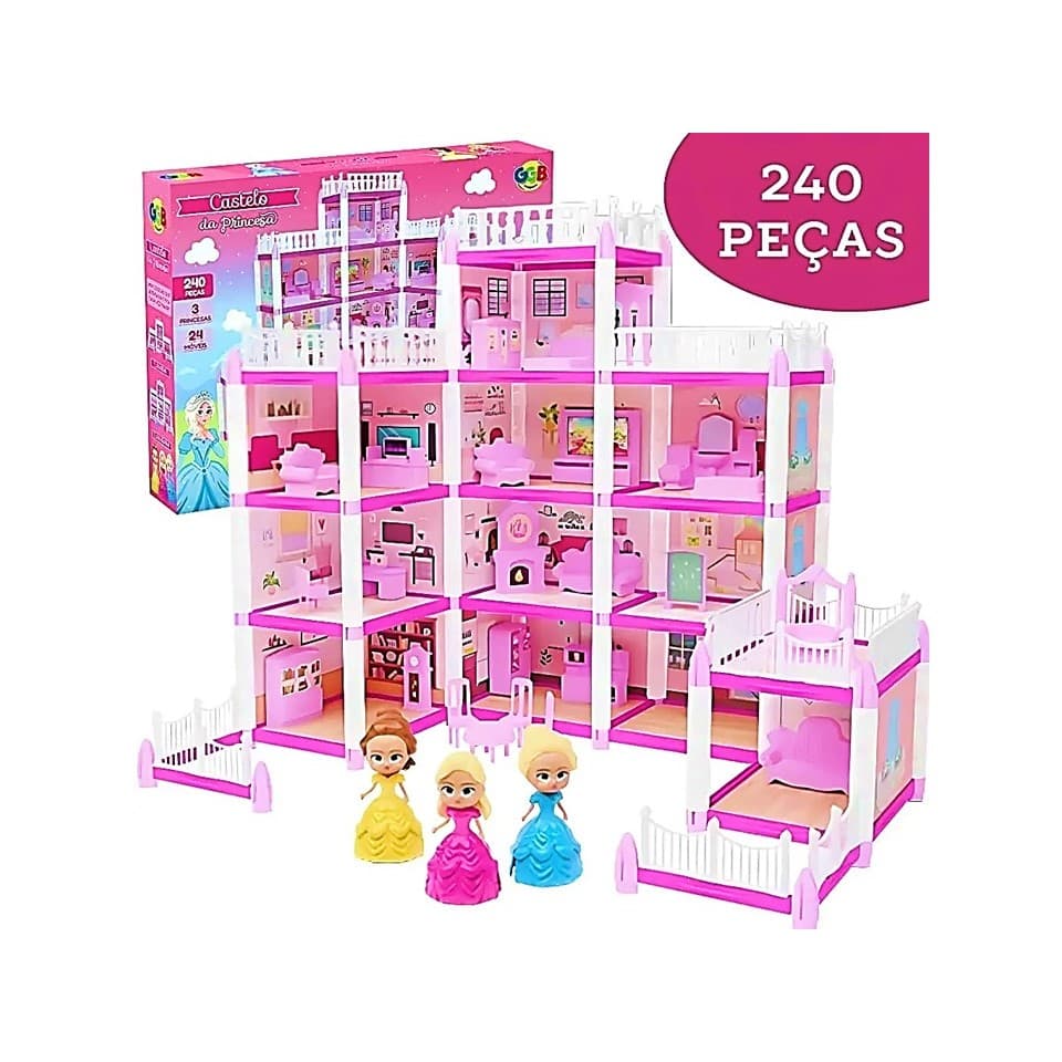 Casinha De Boneca Castelo Da Princesa 240 peças kit completo 3 Princesas Mini Bonecas Completa Para Presente Rosa