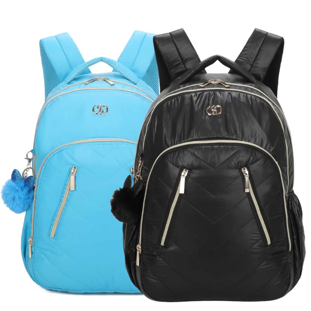 Mochila Escolar Para Menina De Costas Azul Claro Ou Preto Couro Acetinado Feminina