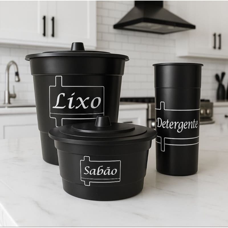 Kit Pia 3 Peças Premium – Lixeira, Porta Sabão e Detergente | Organização Cozinha Completa