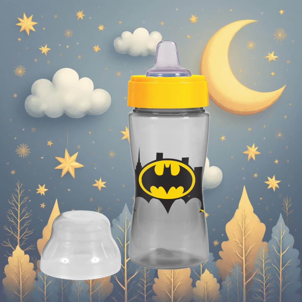 Copo de Transição 330ml Infantil Antivazamento com Tampa e Bico Flexível de Silicone Batman DC super