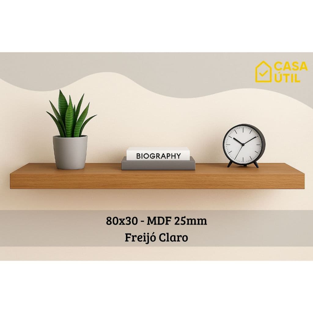 Prateleira 80x30 cm MDF 25mm Freijó Claro com Suporte Invisível Reforçado| Sala, Cozinha e Quarto