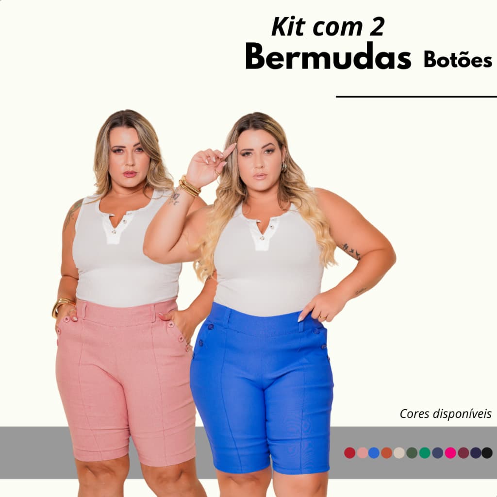 Kit 2 Bermudas Feminina Plus Size Confortável + Botões Elasticidade Levanta Bumbum Bengaline Grande