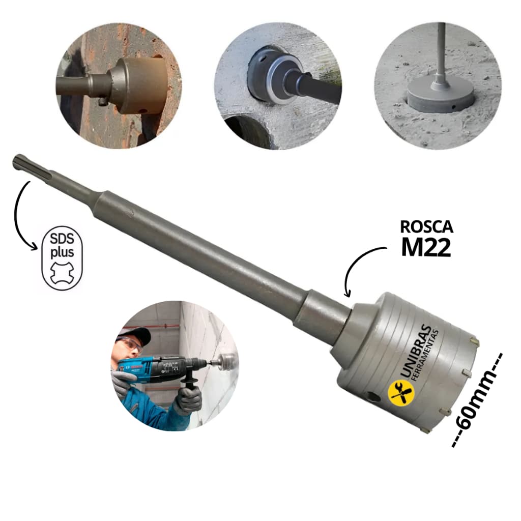 Kit Serra Copo Concreto 60mm Videa + Haste Suporte Sds Plus Para Todos Marteletes Sds Plus Alvenaria Tijolo Cerâmica