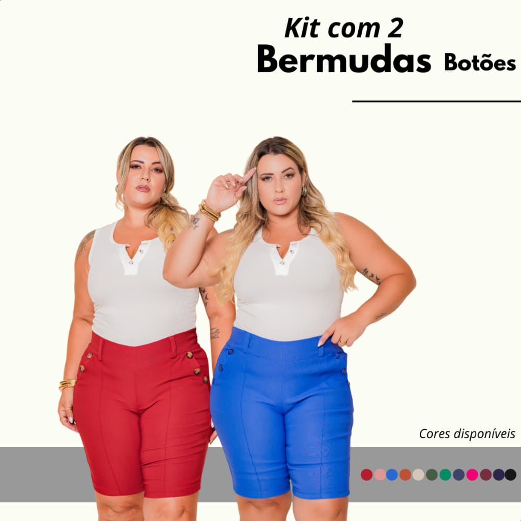 Kit 2 Bermudas Plus Size Básico Até O Joelho 6 Botões Confortavel Tecido Modelador Reduz Pochete