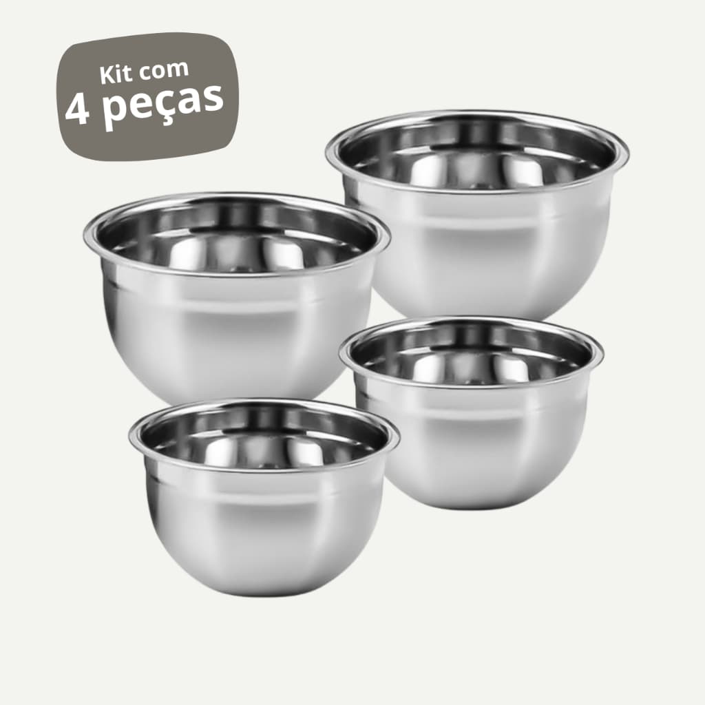 Kit 4 tigelas de aço inox bowl qualidade preparo massas bolo pão cozinha profissional bacia grande aluminio promoção