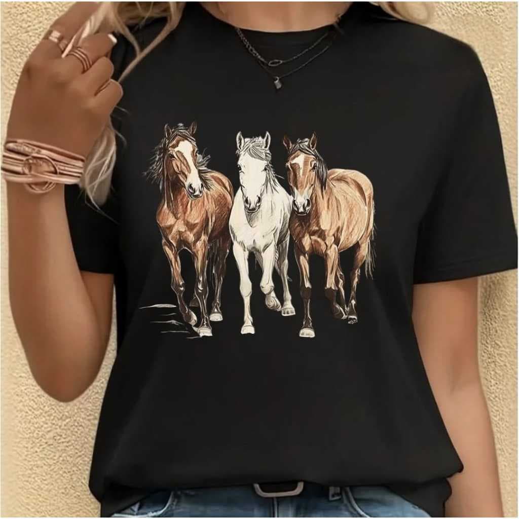 T-shirt Feminina Country Blusa Estampa Cavalos Camiseta Cowgirl Moda Cavalgada Rodeio Boiadeira