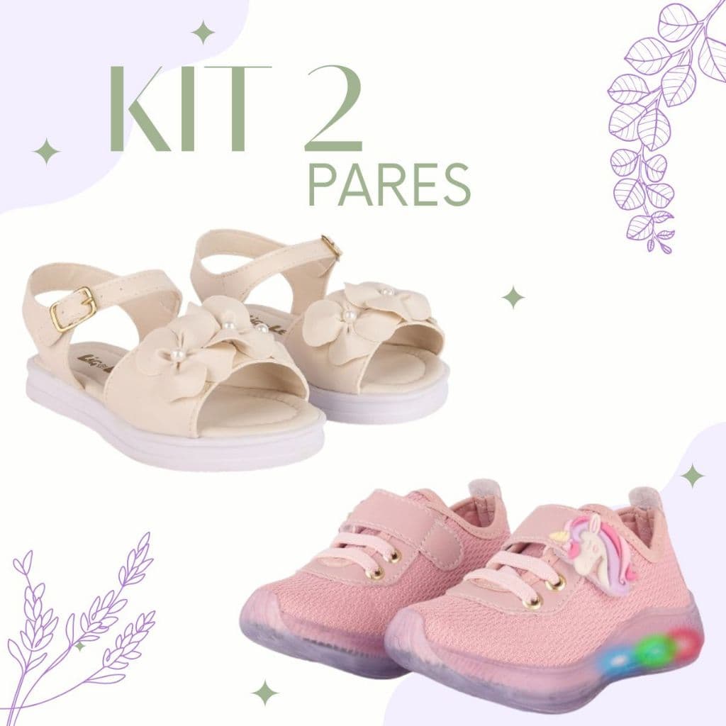 KIT 2 Pares Sandália Infantil Menina com Flor e Pérolas + Tênis Led Unicórnio Luzinha Calce Fácil