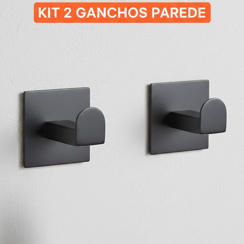 KIT 2 Ganchos de Parede Adesivo Preto Fosco Multiuso | Sem Furos | Decoração e Organização